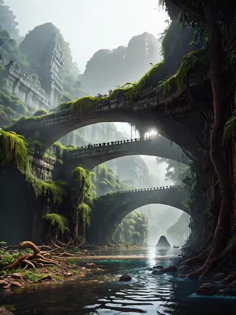 vivid photograph of an ancient jungle empires capital built around an Amazon-like river, hyper-realistic 8k cinematic dslr ultra wide shot, with more population, mix of stone and wooden structures; mycophilic; organic development, many cultural, scholarly ...