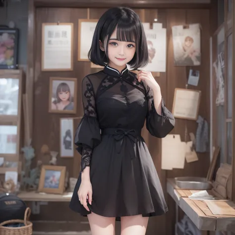 With the best image quality、Teenage girl standing in room。(((Black Hair Bob Hair)))、cute smile face.。thin black short sleeve dress、Skin shows through、(Photorealsitic)、(intricate detailes:1.2)、(​masterpiece、:1.3)、(top-quality:1.4)、(超A high resolution:1.2)、超...