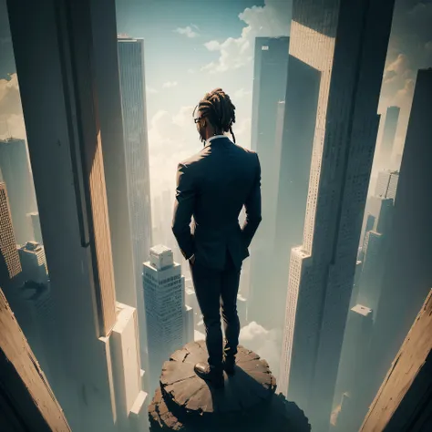 A faceless black man with dreads locks and glasses, standing alone on the top of his business empire looking down at competition