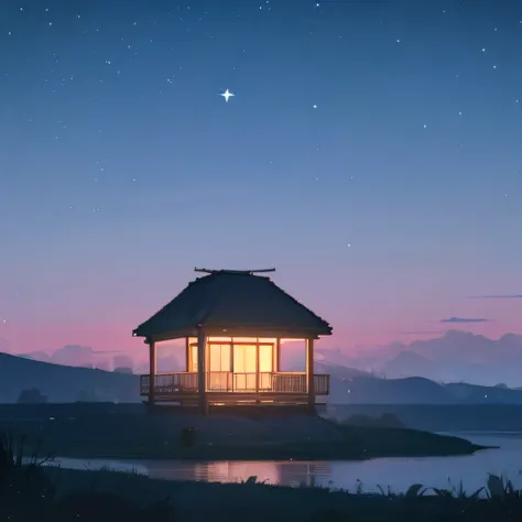 lofi aesthetic scenery, cold vibrations, relaxante, calmo, aconchegante, Landscape, noite, few stars in the sky