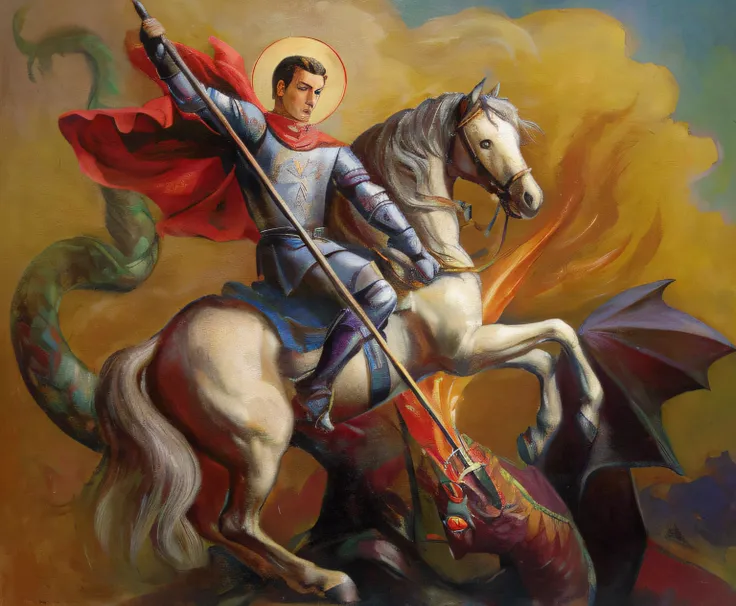 painting of a man riding a horse with a sword and a dragon, cavalo Michael, vladimir putin rides a unicorn, Directed by: Jan Stanislavski, Daniel, Joana dArc, Directed by: Vladimir Novak, Jesus riding a dragon, Santo Cruzado Medieval, christian saint, Dire...