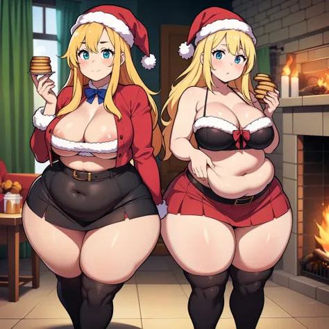 ((highres)), Masterpiece, high quality, best quality, beautiful, perfect lighting, detailed face, ultra cute face, cowboy shot, ((2girls)), (blush), one girl has blonde hair, blue eyes, one girl has brown hair, green eyes, Santa hat, Santa dress, red skirt...