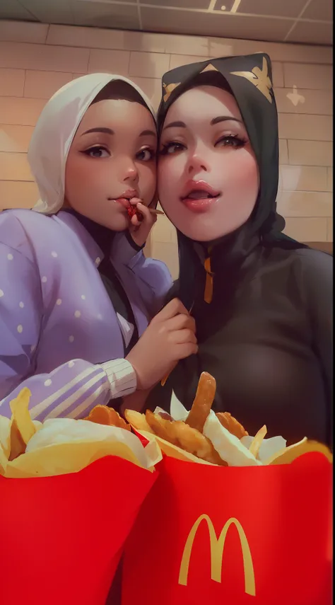 there are two women that are posing for a picture together, with fries, inspired by Pia Fries, very very low quality picture, eating inside mcdonalds, serving fries, moroccan queens ny, in a taco bell, snapchat photo, in style of petra collins, old picture...