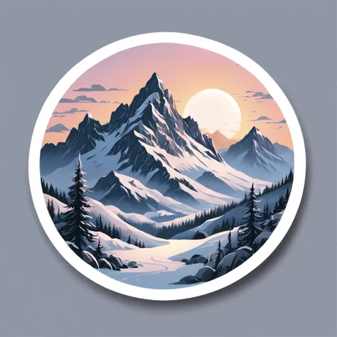 (sticker),white background,(in circle), sunrise winter mountain with winter sport, ,simple, ultra detailed, detailed drawing, ve...