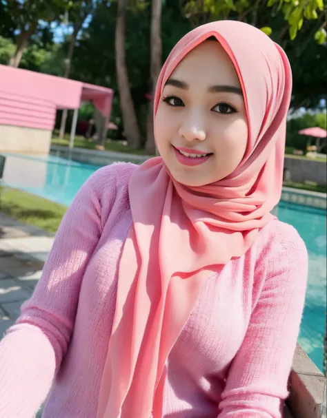 1 malay girl , modern plain hijab,  shy, medium portrait shot , watery  eyes , pink glowing particles, wear pastel pink lace bra,(( big breast)), pink light bokeh background, proportional body,