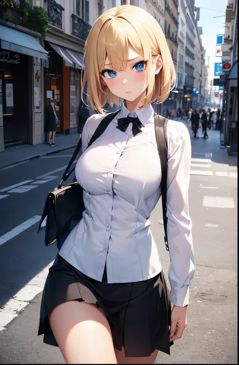 high-level image quality,2D Anime Style、Blue eyes、Beautiful eyes, (Talented lo-fi:1.3)breasts are slightly larger、A cool adult woman with short blonde hair and a serious expression....、the face is three-dimensional,Formal fashion, The color of the clothes ...