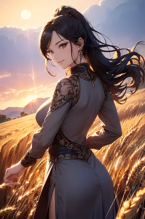 A beautiful woman, (((1 girl, solo, running, (wheat field), turning around, golden eyes, long pure red jacket, dress, middle ages, medieval outfit, long sleeves sunset, light from behind, shadow on the figure, smile, laughter, (blue sky), against the backg...