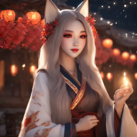 1girll,Solo,, offcial art, Unity 8k壁纸, ultra-detailliert, Beautiful and aesthetic, Beautiful, masutepiece, Best Quality,, Foxwich, kitsune mask, Haori jacket, Foxfire spells,