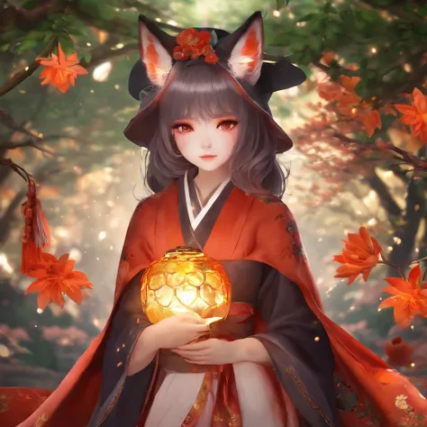 1girll,Solo,, offcial art, Unity 8k壁纸, ultra-detailliert, Beautiful and aesthetic, Beautiful, masutepiece, Best Quality,, Foxwich, kitsune mask, Haori jacket, Foxfire spells,