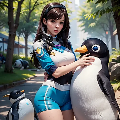 Adult woman, Overwatch Character D.va hugging a stuffed penguin, Clivage, alluring look, blushing, somewhere in nature, outside