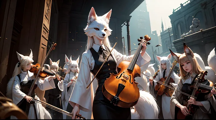 A white kitsune with fox face plays violin to a group of human demonic cultists standing amidst a severely damaged theater