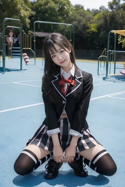 ((full body:1.4)), (masterpiece, best quality:1.2), cowboy shot, solo, 1girl, yukinoshita yukino, smile, open mouth, looking at viewer, ((sitting on floor)), ((spread legs)), ((playground background)), black shadow eye, make up, school uniform, black jacke...