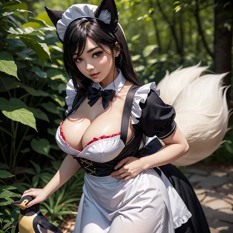 Ahri ,LoL, League of legends character  Adult woman,  hugs a stuffed penguin, maid hat, maid apron, Fox tails, Fox ears, Pale skin tone, Big chest, Clivage, alluring look, blushing, somewhere in nature, outside