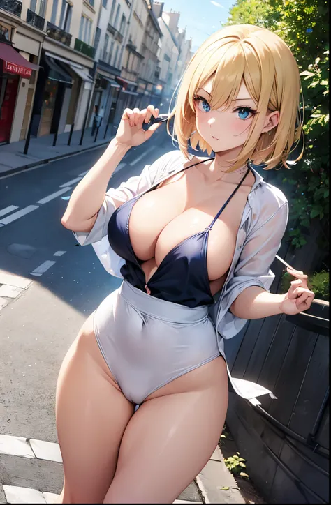 2D Anime Style、Blue eyes、Beautiful shining eyes,  (Talented lo-fi:1.3),breasts are slightly larger、A cool adult woman with short blonde hair and a serious expression....、Fashion that shows cleavage, Walking the streets of Paris,