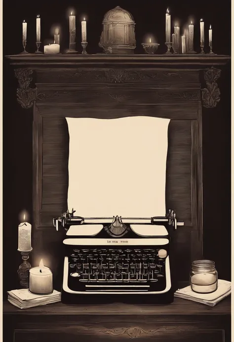 A vintage typewriter with a sheet of paper filled with ominous words, surrounded by dimly lit candles and a mysterious-looking jar of ink,original,Portrayed by Stephen King, the American author, himself, male