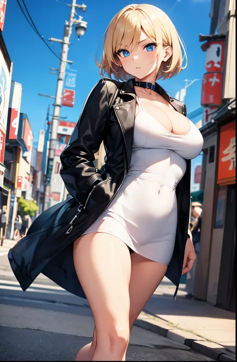 2D Anime Style、Blue eyes、Beautiful shining eyes,  (Talented lo-fi:1.3),breasts are slightly larger、A cool adult woman with short blonde hair and a serious expression....、Leather fashion that shows off cleavage, walking through the streets of japan,