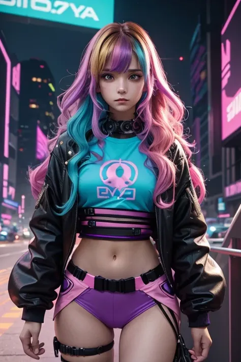 Girl with brown hair with yellow,cyan,purple,pink streaks, sideswept bangs and long wavy, curly hair, cyberpunk outfit with cyan,purple,pink colors, brown angry eyes