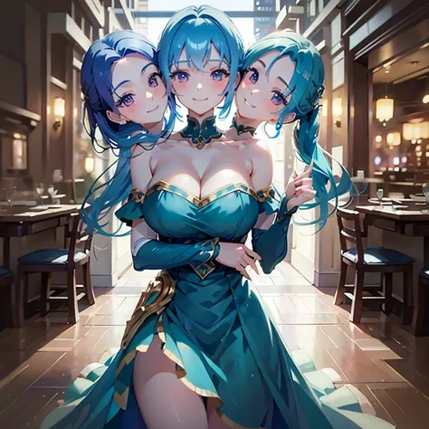 masterpiece, best quality), best resolution, (3heads:1.5), 1girl, blue hair, blond hair, brown hair, teal eyes, different facial expressions, smiling, violet dress, armor, city background