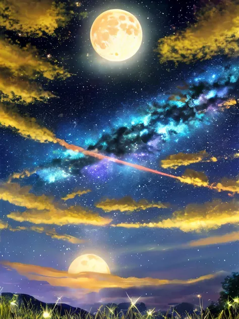 Star-filled sky、fullmoon、Blue space、grass field、Meteor swarm、Shines、optic