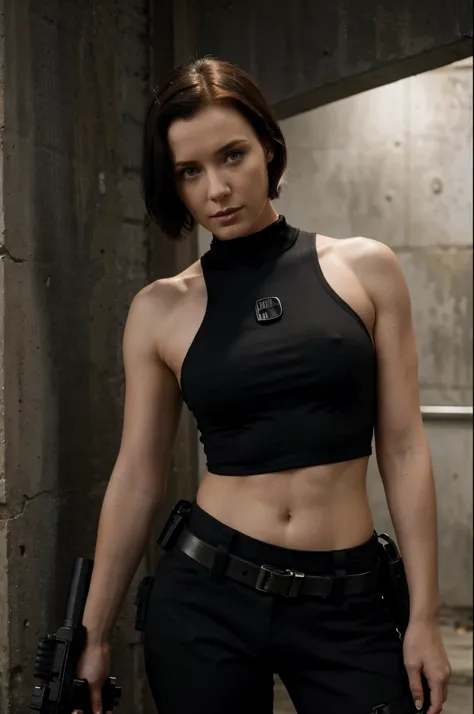 Simone Simons, short hair over shoulders, black hair, dark hair woman, wearing a gray tank top and black, the matrix style, tactical shoulder holster, .50 deagle pistol