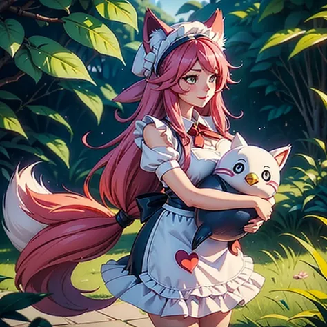 Ahri hugs a stuffed penguin ,LoL, League of legends character Adult woman, , maid hat, maid apron, Fox tails, Fox ears, Pale skin tone, Clivage, alluring look, blushing, somewhere in nature, outside