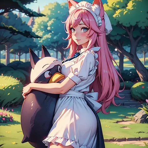 Ahri hugs a stuffed penguin ,LoL, League of legends ,Adult woman, , maid hat, maid apron, Fox tails, Fox ears, Pale skin tone, Clivage, alluring look, blushing, somewhere in nature, outside