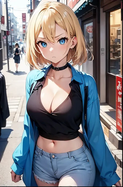 2D Anime Style、Blue eyes、Beautiful shining eyes,  (Talented lo-fi:1.3),breasts are slightly larger、A cool adult woman with short blonde hair and a serious expression....、Fashion that shows off your stomach, wearing an unbuttoned black shirt,walking through...