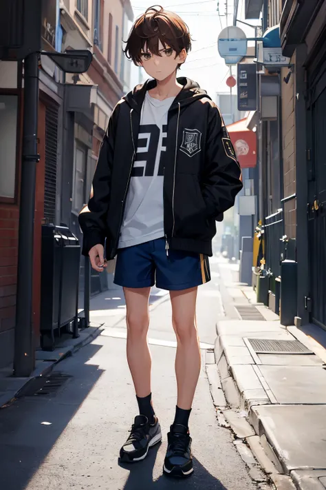 a boy, scattered straight light brown hair, brown eyes, black jacket with a white t-shirt, blue shorts, black shoes, looking at the camera with a serious look