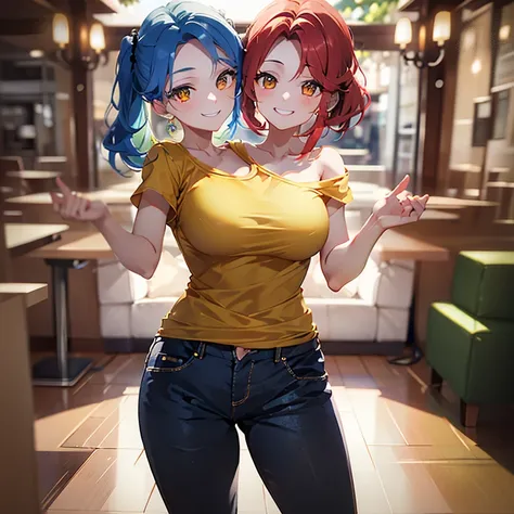 masterpiece, best quality), best resolution, (2heads:1.5), 1girl, red hair, blue hair, yellow eyes, carefree, smiling, Yellow t-shirt, black pants