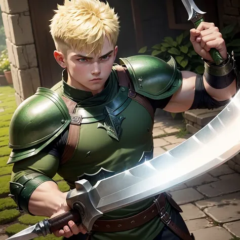 Very strong bulky teen warrior, wearing dark green tunic with some armor plates, blond hair with short taper haircut, gentle eyes, holding with one hand a giant wide long blade sword, using magic that creates plants from the floor