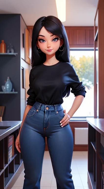 beautiful, modest, standing, full body, jeans, black shirt, happy, facing viewer, looking at viewer