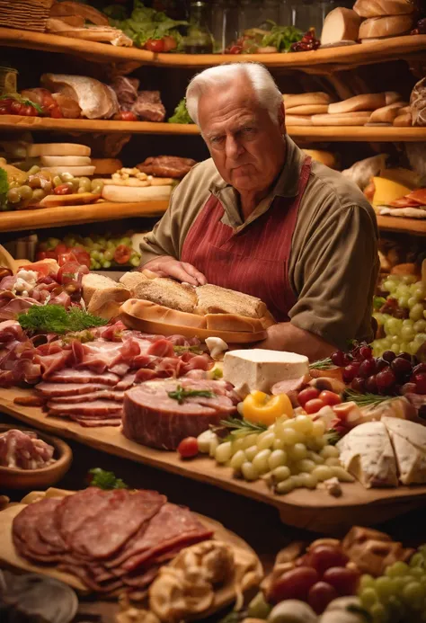 A photo of a massive platter of antipasto with assorted meats and cheeses,original,Angry deli dude is a middle aged Italian man that works at a deli making sandwiches , male