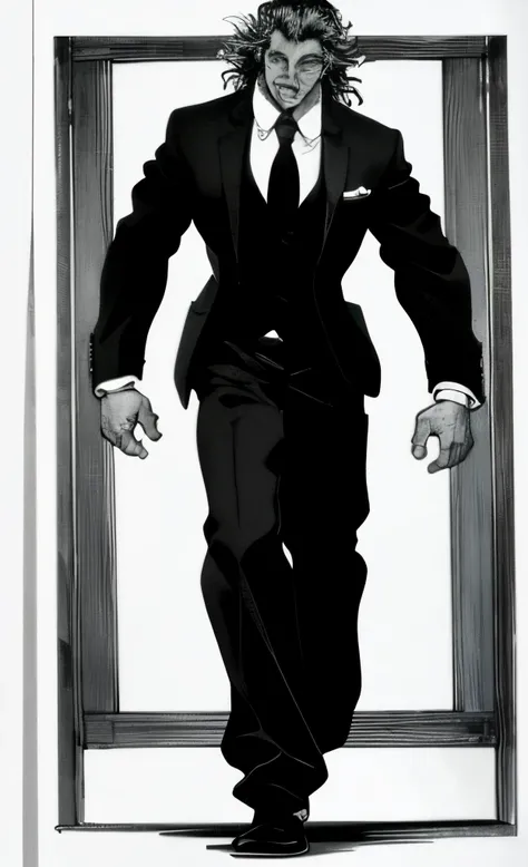 (best quality,highres,masterpiece:1.2),black and white, detailed,manga-style shading, full body, Yujiro Hanma in a suit and tie.