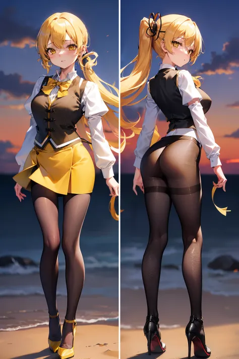 masutepiece, Best Quality, 1girl in, (Mami Tomoe), Blonde hair, poneyTail, length hair, (Yellow eyes:1.2), evening, Sunset,、((s ass))、((pencil skirts))、((Office Suits))、((Blouse))、((Black miniskirt))、((pantyhose))、((high-heels))、((vests))、((posterior view)...