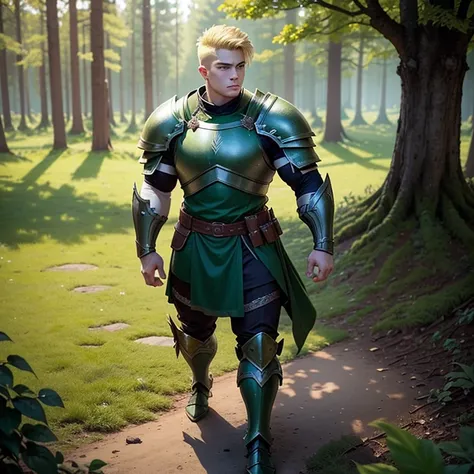 Full body picture, Very strong bulky teen warrior, wearing dark green tunic with some armor plates, blond hair with short taper haircut, gentle eyes, using green magic that creates plants and trees from the floor