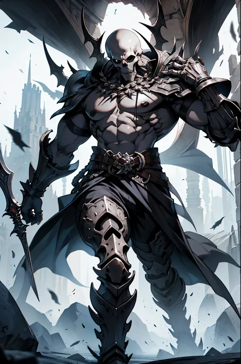 Create me a cool skeleton warrior to play DnD. It has to be scary and powerful, With Bone Armor and Weapons, that look like shards of death. Let his black eye sockets radiate menace., And his bony fingers hold the instrument of death. Let his footsteps be ...