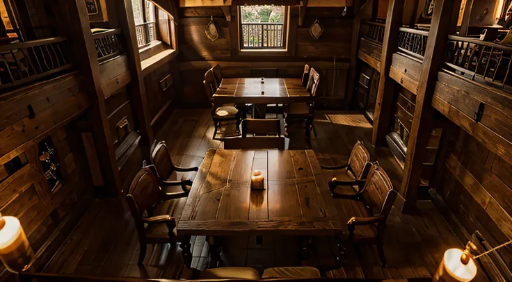 Interior of fantasy wood tavern, afternoon time, centered table in the middle, view looking above table