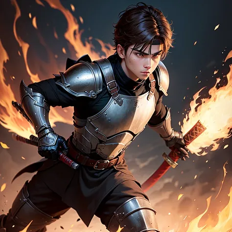 Full body, male teen warrior, wearing black tunic with some bronze armor plates, bright brown eyes, brown hair with red at the edges with one side-swept undercut haircut, holding a long katana on fire