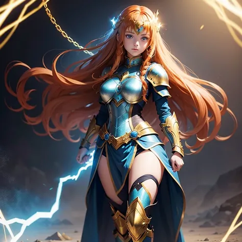 Full body, female teen, long curly ginger hair, blue eyes, blue tunic with golden armor plates, holding in hands electrified long chains