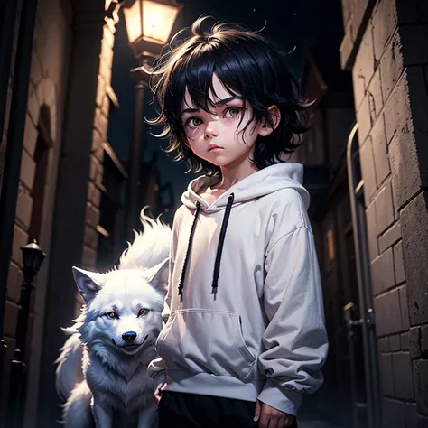 Little boy, serious, dark black messy hair, wearing a plain white baggy pullover, with black shorts, with a pet white ghostly spiritual wolf, in a ver dark scary old city at night, under the light of a lamppost