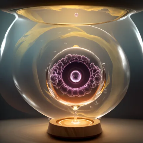 An adult human embryo in a glass bubble that is connected by glass vessels to bubble clouds, which are patterns created by the movement of sound.