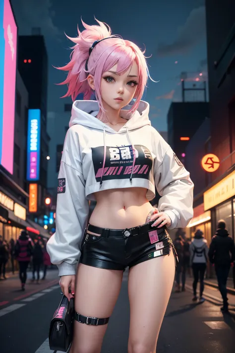 anime girl with colorful hair and a white top standing in a busy street, anime style 4 k, anime style. 8k, digital cyberpunk anime art, cyberpunk anime girl, cyberpunk anime girl in hoodie, 4k anime wallpaper, female cyberpunk anime girl, anime cyberpunk a...