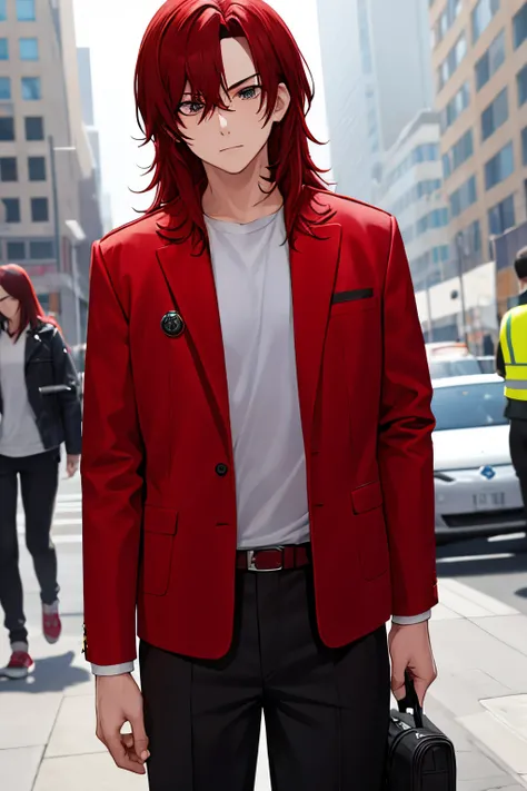 a boy, straight red hair, black eyes, black jacket with red accents, blue pants, who is looking at the camera seriously