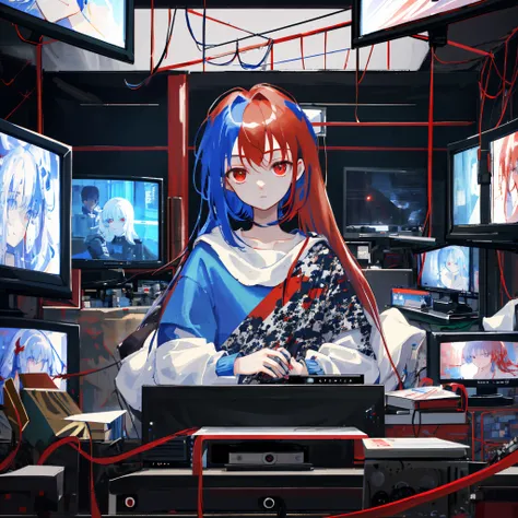 masterpiece, 1 girl, upper body, upclose, girl infront, looks at the viewer, Eyes in TV, Monitors with eyes in background, in doors, red eyes, blood, long blue hair, blue hair, many details, back facing viewer, head turned to look at viewer, emotionless, d...