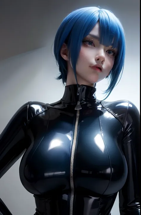 cyber woman in a latex bodysuit with blue hair and big breasts