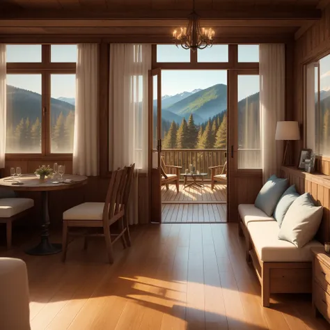 Luxury chalet in the mountains, pine forest, view of the valley through large glass window, terrace with two luxury wooden chairs and a table in front of the pool, 8k render, realistic