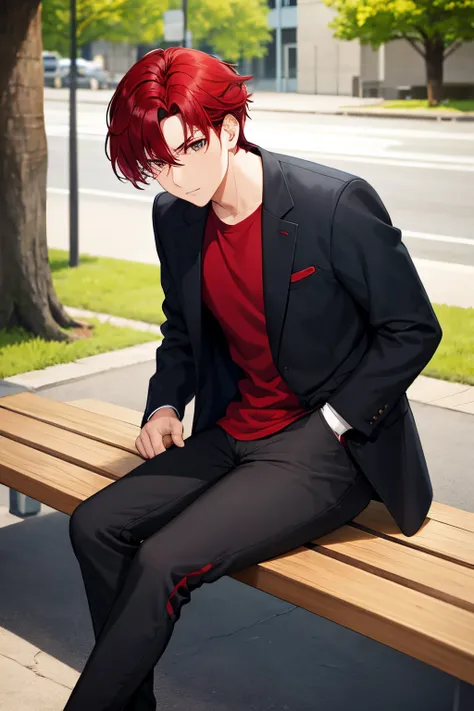 a boy, straight red hair, black eyes, black jacket with red accents, blue pants, sitting on a bench