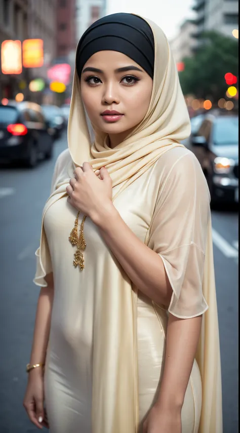 RAW, Best quality, high resolution, masterpiece: 1.3), beautiful Malay woman in hijab (iu:0.8),(((malay girl))), chubby face, natural skin, wearing hot deep neck top and dupatta, charming black hair, ((hair ends are blonde)), city streets background, bokeh