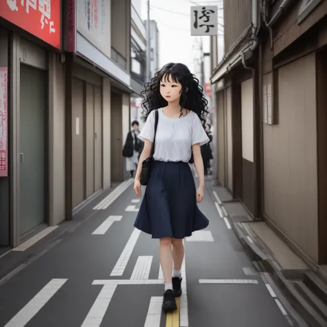 Make me a wallpaper: Girl with black wavy hair walking backwards on the streets of Tokyo