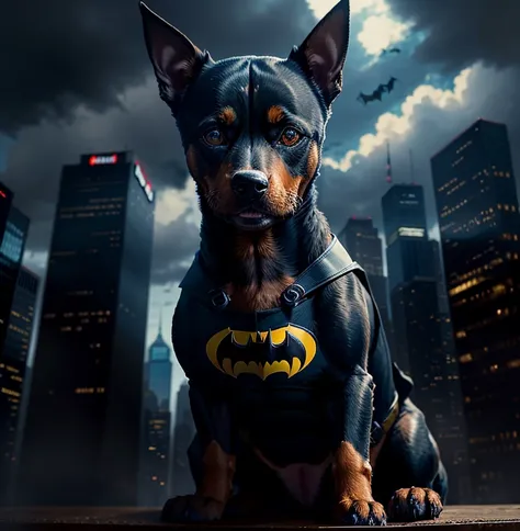 A black pinscher dog with caramel-colored eyebrows wearing a Batman outfit in the middle of a Manhattan-style square with a cloudy sky.